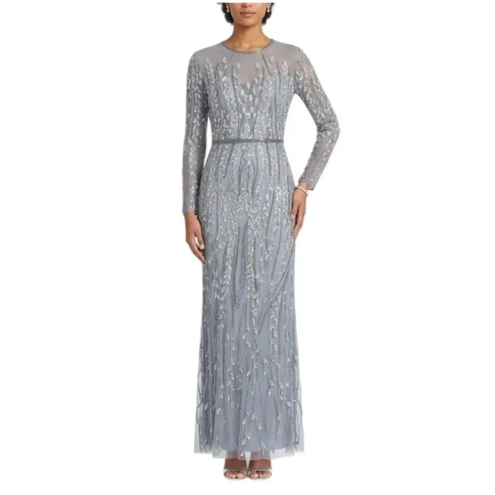 Mac Duggal 5644 Silver Column Evening Gown Sequined Long Sleeve Dress Size 6